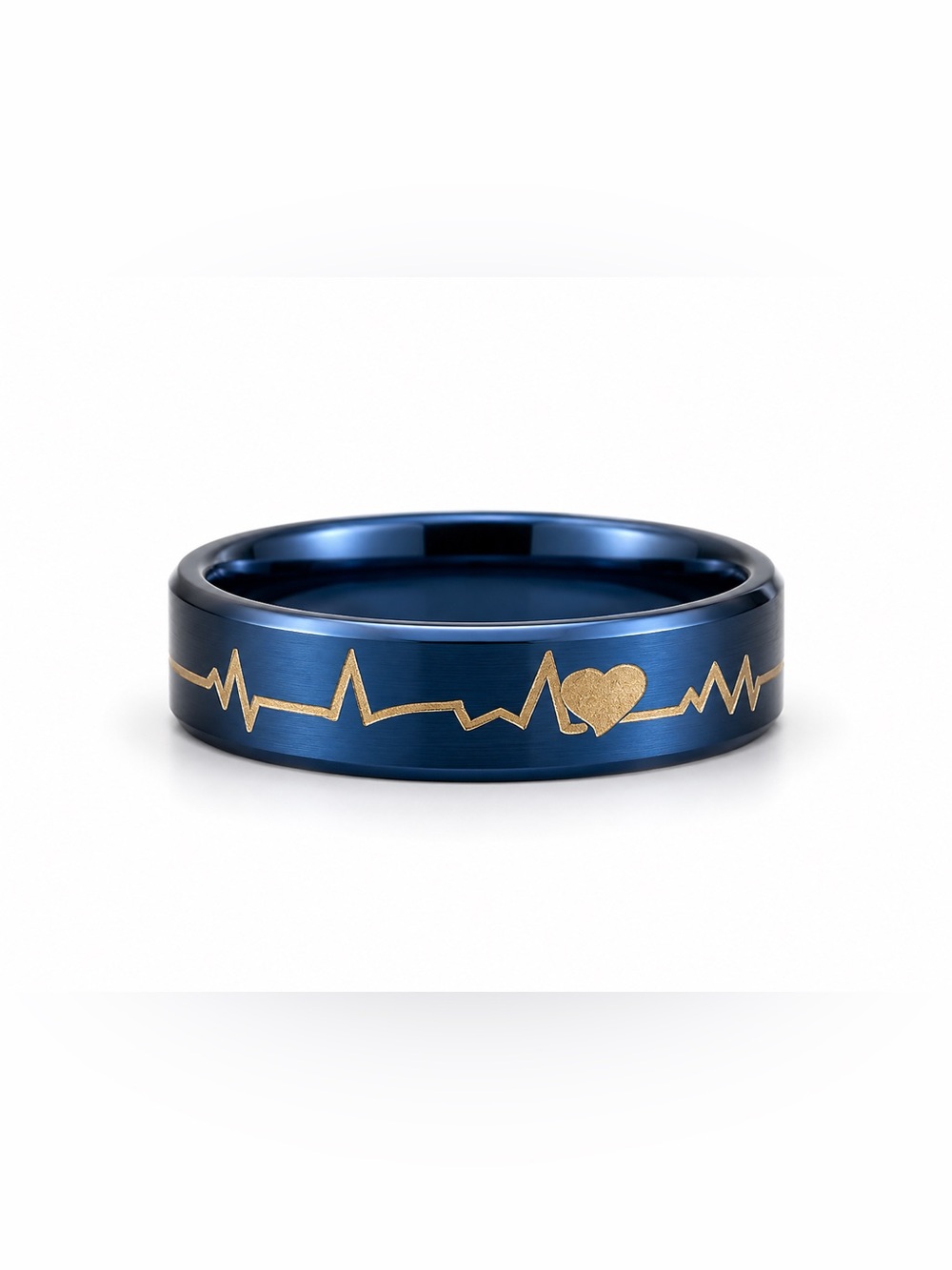 Blue Stainless Steel Ring with Heartbeat Design
